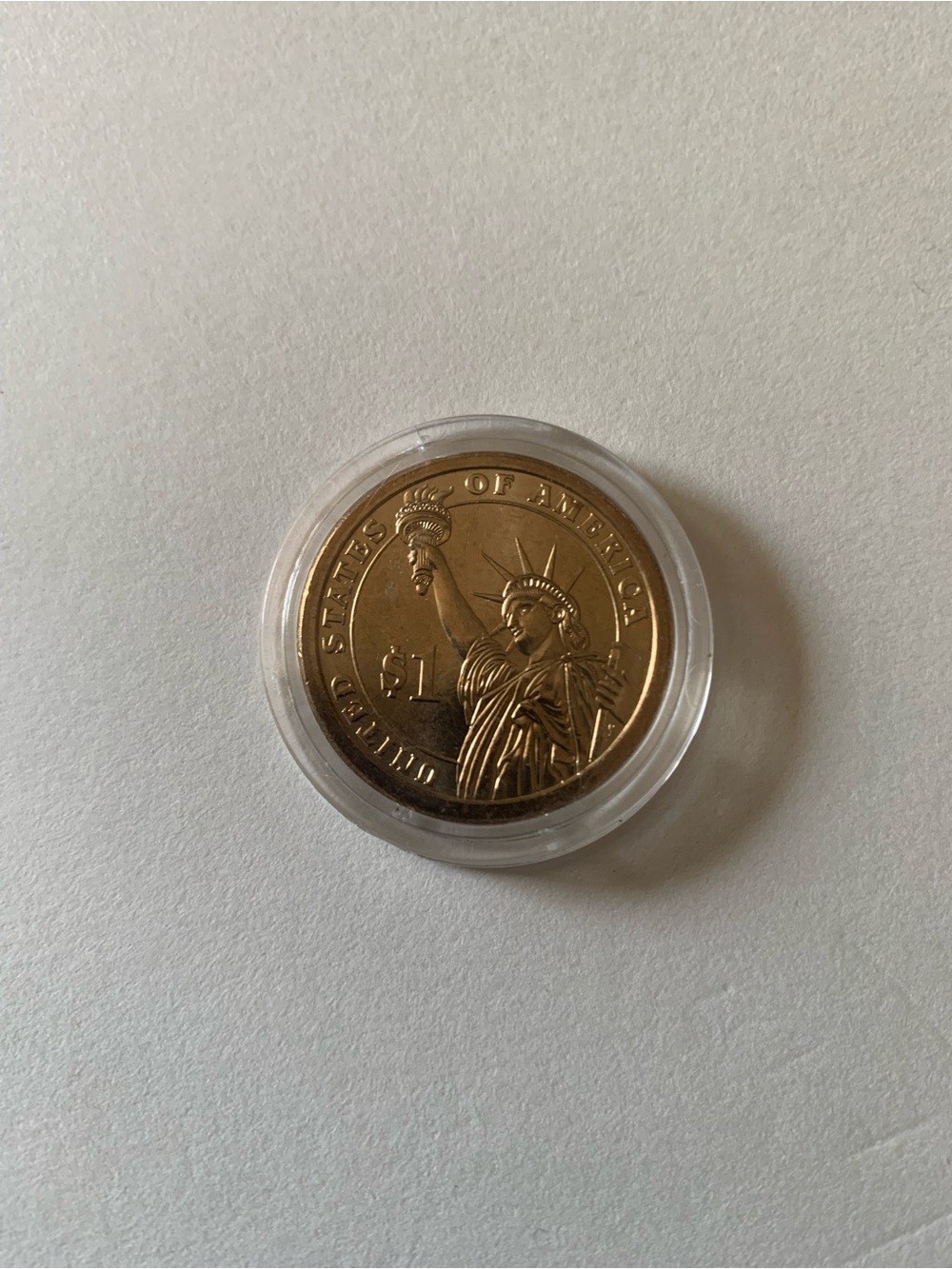 Gold Tone Statue of Liberty Decorative Coin in Clear Display Case